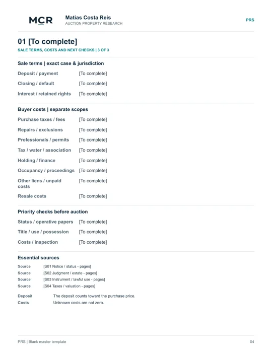 PRS template page 4: sale terms, buyer costs, priority checks and sources