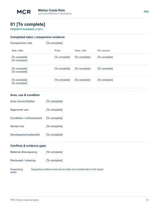 PRS template page 3: comparable sales, area, use, condition and evidence gaps