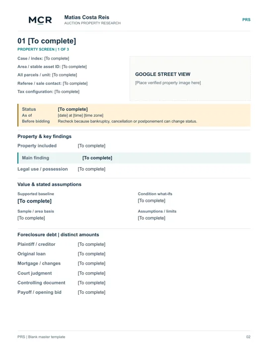 PRS template page 2: property identity, image placement, dated status, main finding, value and debt